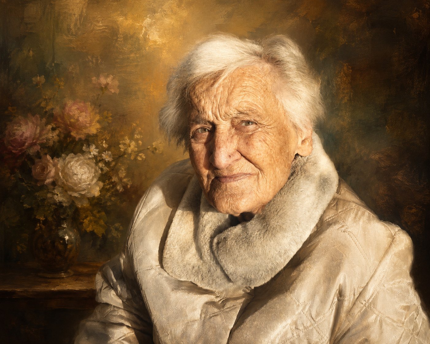 Finished memorial heirloom portrait of the same elderly woman